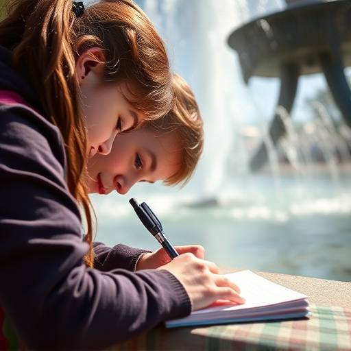 A close-up shot of a student writing in Italian with a beautiful fountain in the background