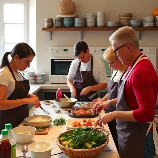 A group of students participating in a cooking class as part of the Italian language immersion program