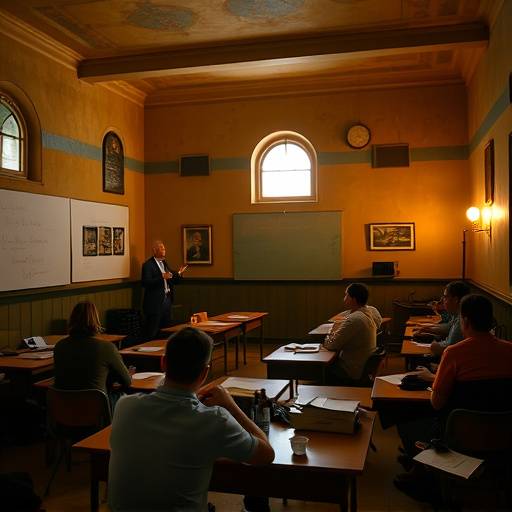A historical photo of Bella Lingua Academy's first classroom in 2008, with Professor Rossi teaching a small group of students.