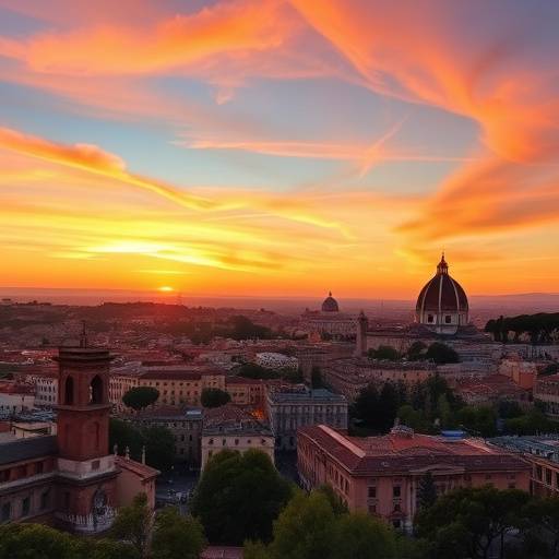 A panoramic view of Rome at sunset, with iconic landmarks visible in the distance
