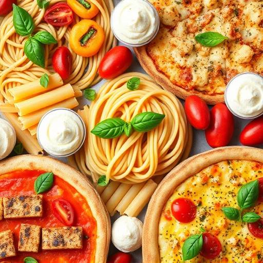 An assortment of Italian dishes including pasta, pizza, and gelato