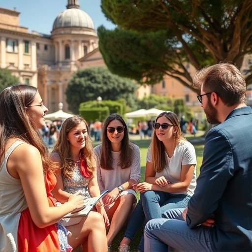 Group of students practicing their Italian conversation skills outdoors in Rome