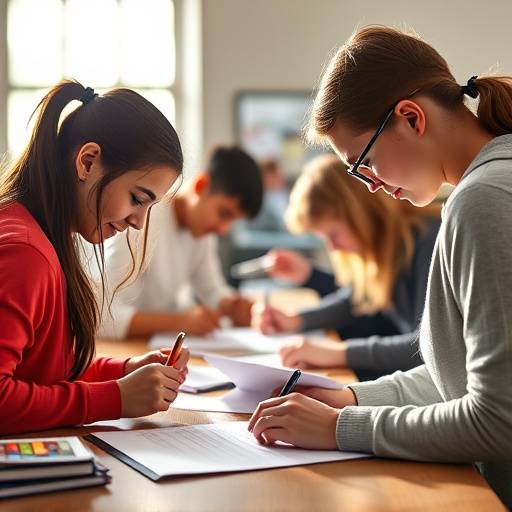 Students collaboratively filling out their Bella Lingua Academy application forms