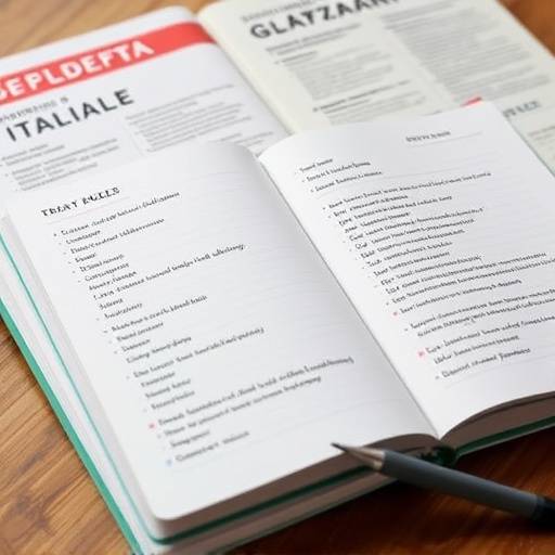 Textbooks and a notebook displaying Italian grammar rules